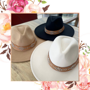Camel Leather Studded Trim Panama Hat